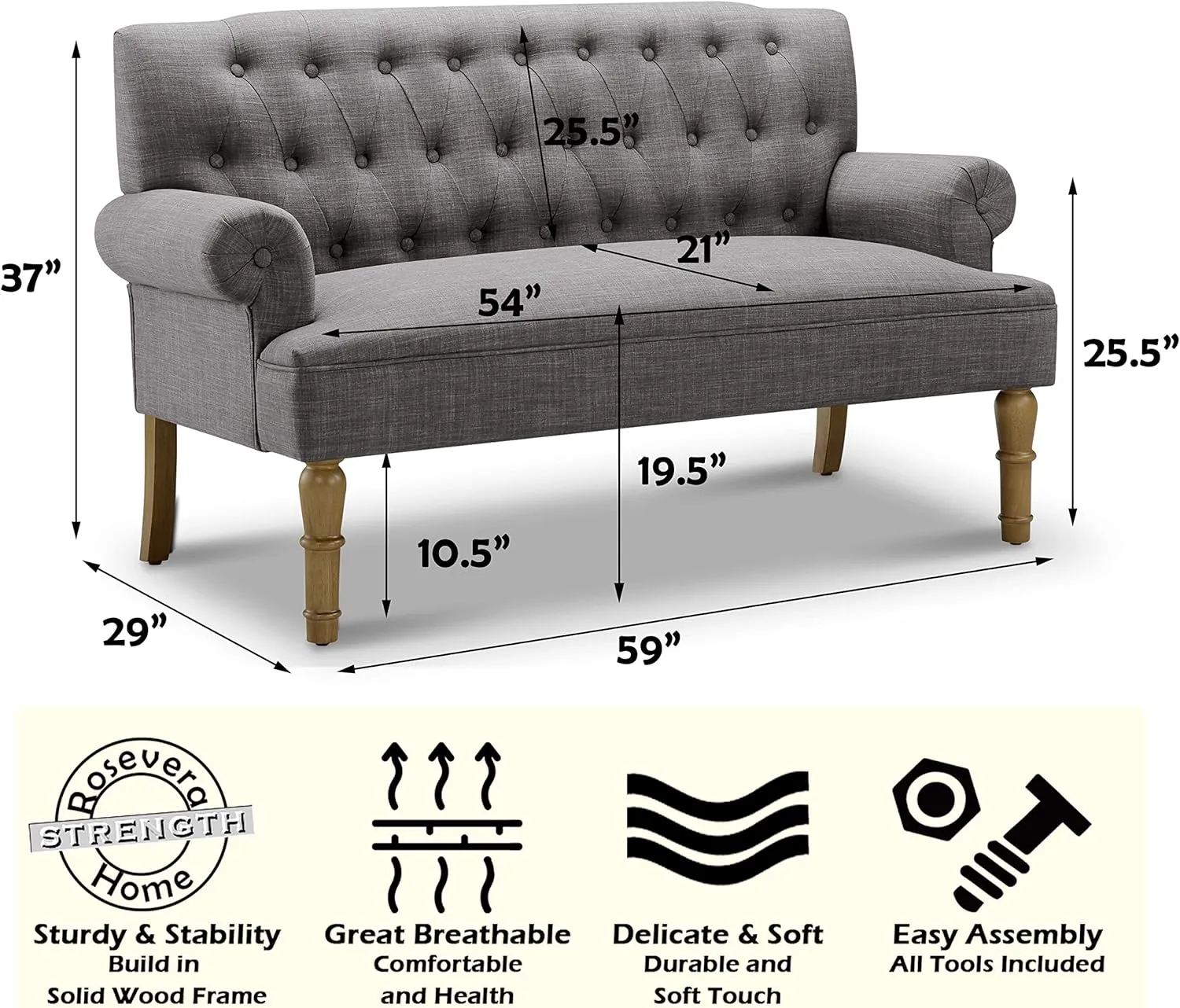Rosevera Drennan Loveseat Sofa for Living Room, Couch in a Box, Sofa para Sala, Love Seats Furniture, Long Couches, Settee, Textile Gray