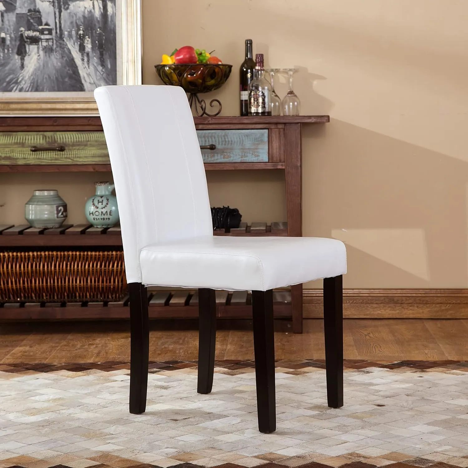 Roundhill Furniture Urban Style Solid Wood Leatherette Padded Parson Chair, Off-White, Set of 2