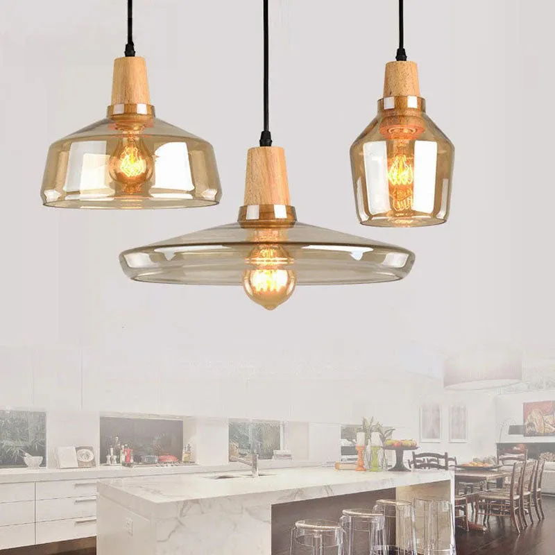 RoyaleGlow Vintage-Inspired Glass and Wood Pendant Lighting - Classic Elegance