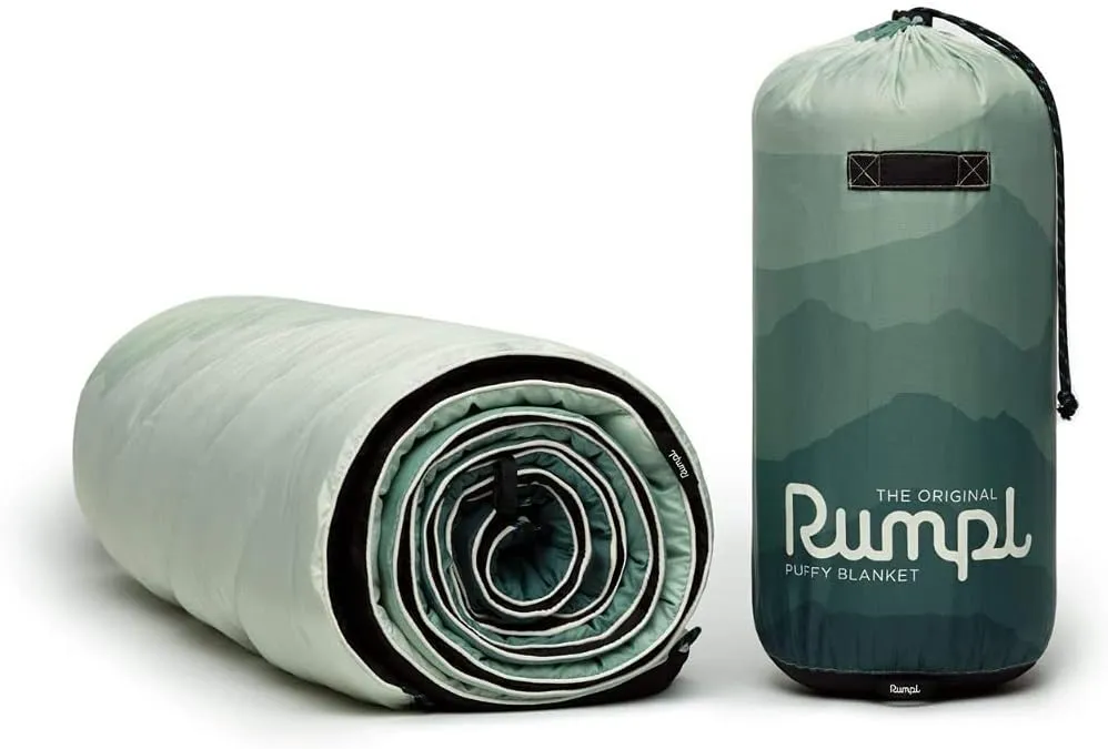 Rumpl Original Puffy Blanket - Warm Puffy Camping Blanket, 100% Recycled Polyester Insulation, Lightweight, Packable, Water-Resistant, Outdoor Puffer Blanket, 52"x75", V1, Cascade Fade - Green