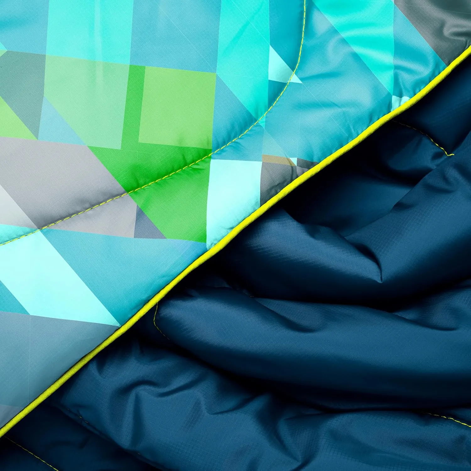 Rumpl Original Puffy Blanket - Warm Puffy Camping Blanket, 100% Recycled Polyester Insulation, Lightweight, Packable, Water-Resistant, Outdoor Puffer Blanket, 52"x75", V2, Geo Fresh