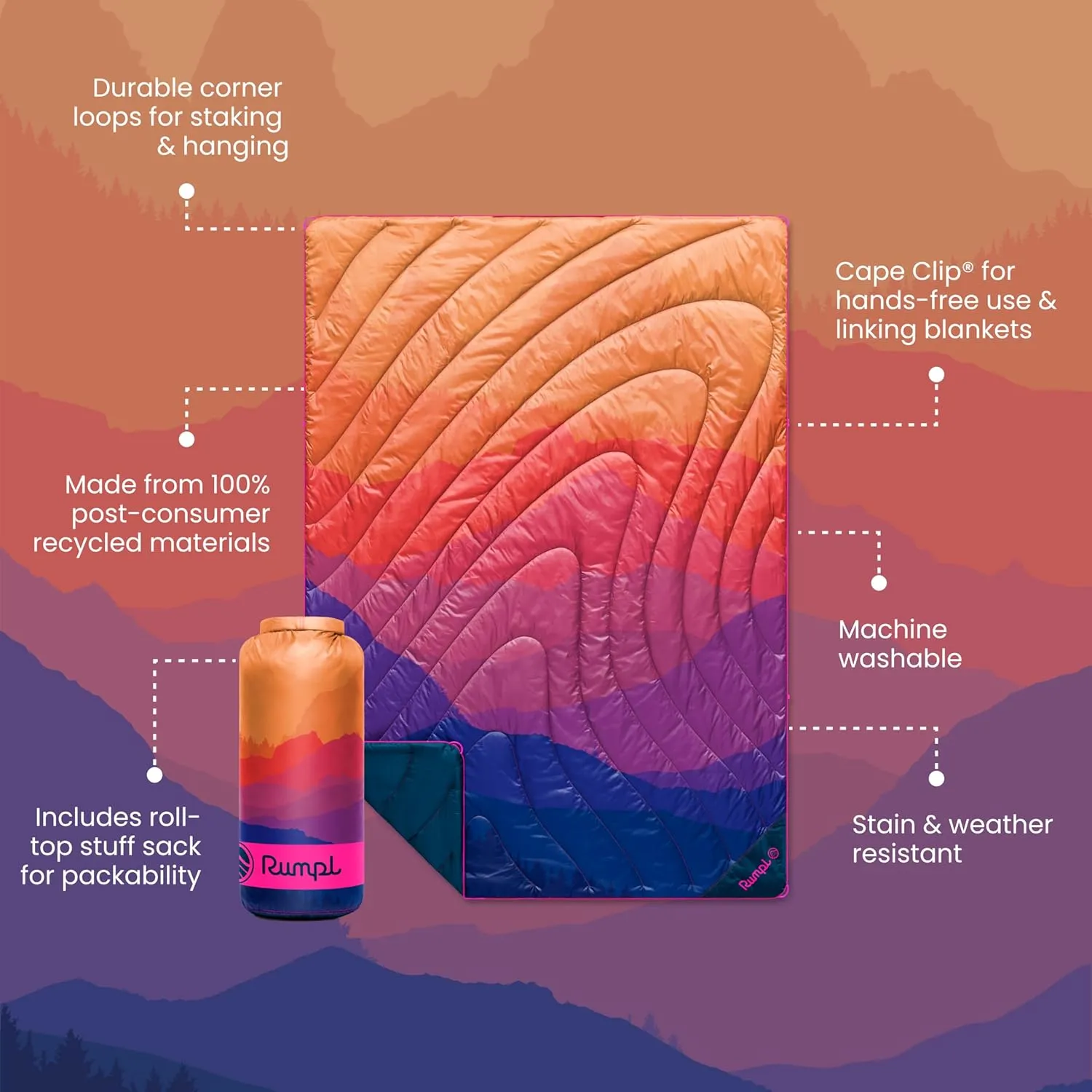 Rumpl Original Puffy Blanket - Warm Puffy Camping Blanket, 100% Recycled Polyester Insulation, Lightweight, Packable, Water-Resistant, Outdoor Puffer Blanket, 52"x75", V2, Sierra Sunset Fade