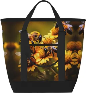 Rural Honey Bees flowers Ladies beach bag insulation cooling bag reusable insulation lunch bag suitable for office