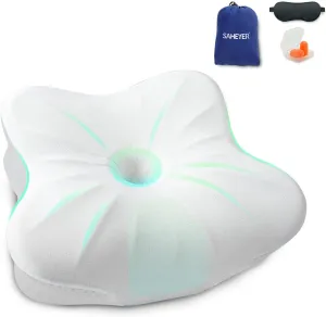 SAHEYER Memory Foam Travel Pillow, Small Cervical Pillows for Sleeping, Neck Support Camping Gear Accessories - Travel Essentials for Sleeping, Backpacking, Camping, Hammock, White