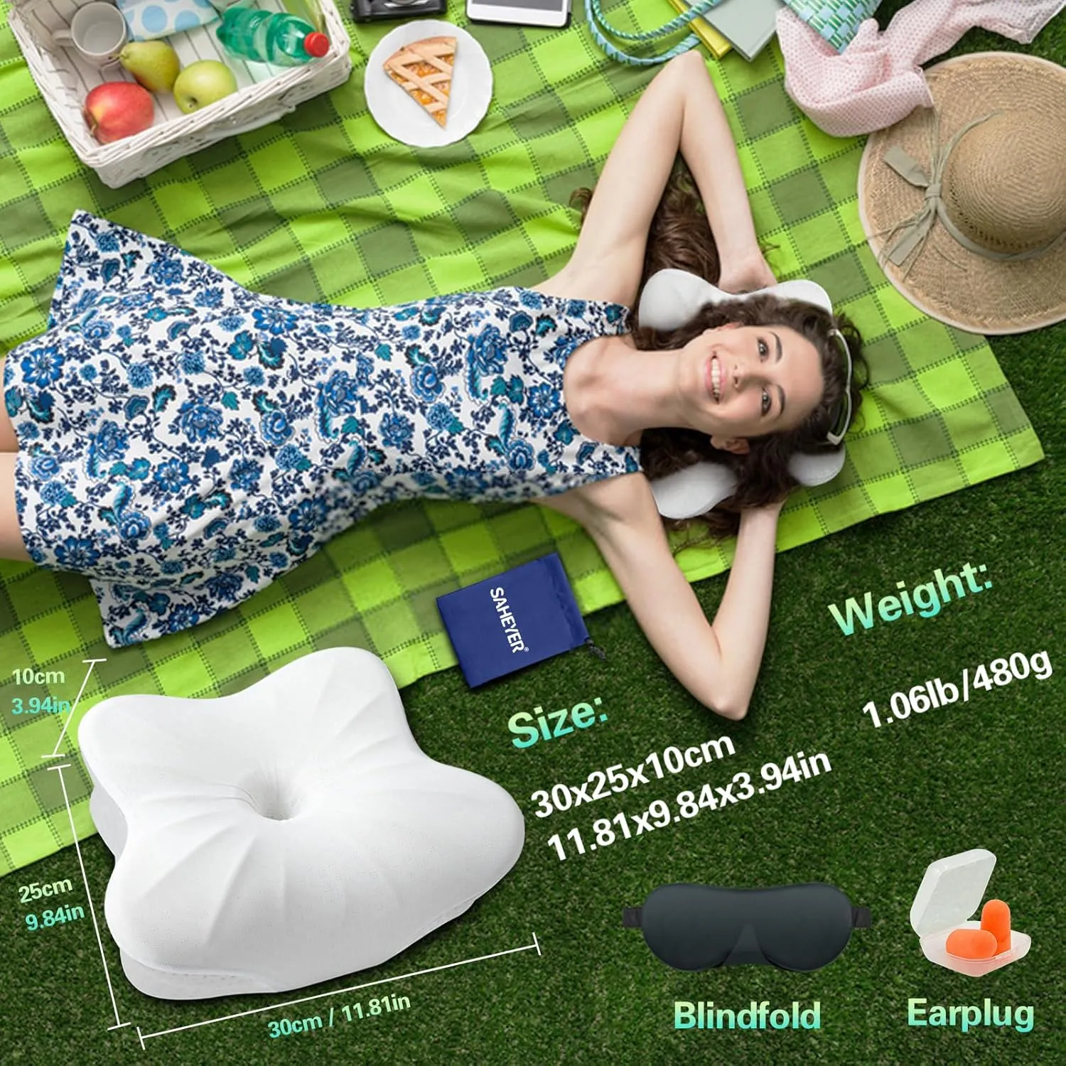 SAHEYER Memory Foam Travel Pillow, Small Cervical Pillows for Sleeping, Neck Support Camping Gear Accessories - Travel Essentials for Sleeping, Backpacking, Camping, Hammock, White