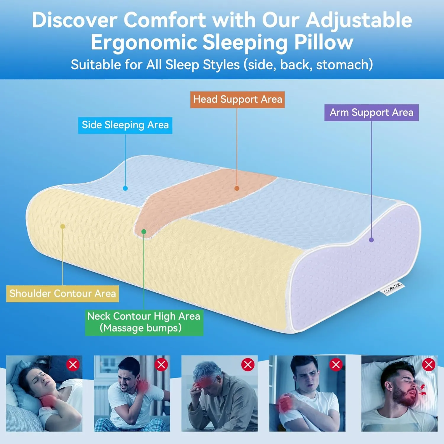 Sandwich Cervical Neck Pillow Queen Size - Dynamic Memory Foam Pillow for Neck Shoulder Pain Relief, Ergonomic Adjustable Contour Bed Pillow for Side, Back & Stomach Sleepers CertiPUR-US