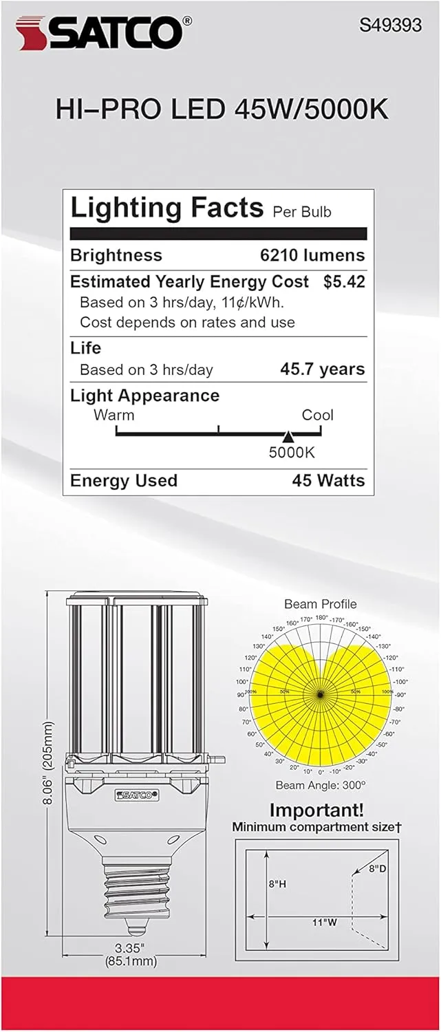 Satco S49393 Corncob LED HID Light Bulb, Mogul Extended Base, 45W, 35000 Hour Rating, 6210L, Natural Light