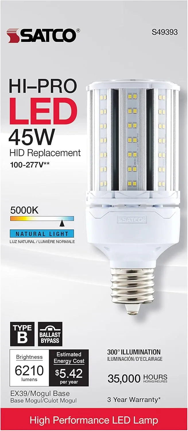 Satco S49393 Corncob LED HID Light Bulb, Mogul Extended Base, 45W, 35000 Hour Rating, 6210L, Natural Light