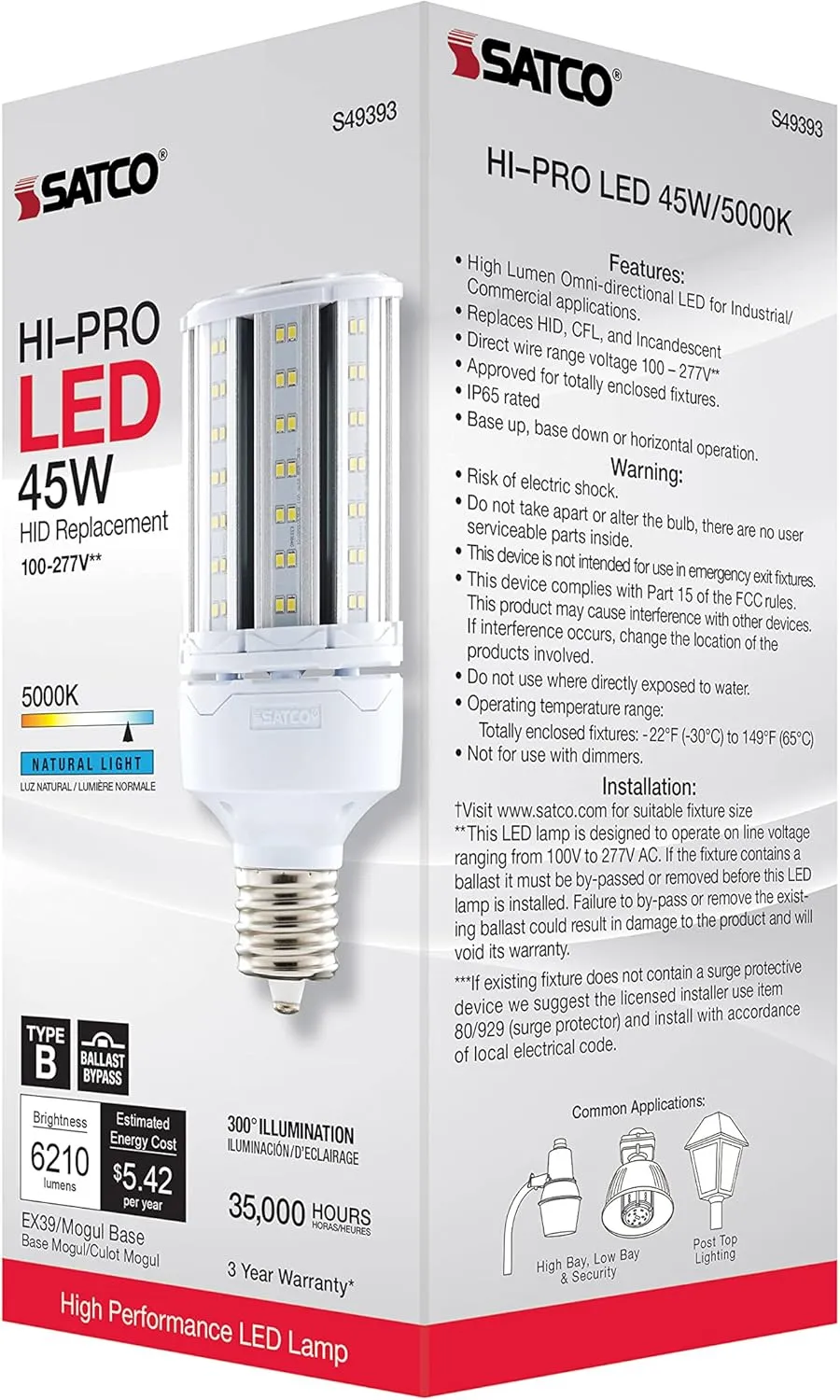 Satco S49393 Corncob LED HID Light Bulb, Mogul Extended Base, 45W, 35000 Hour Rating, 6210L, Natural Light