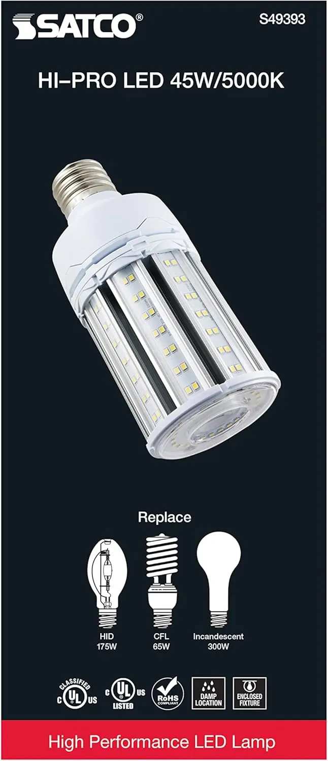Satco S49393 Corncob LED HID Light Bulb, Mogul Extended Base, 45W, 35000 Hour Rating, 6210L, Natural Light
