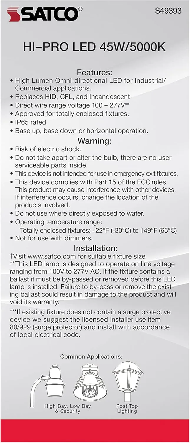 Satco S49393 Corncob LED HID Light Bulb, Mogul Extended Base, 45W, 35000 Hour Rating, 6210L, Natural Light