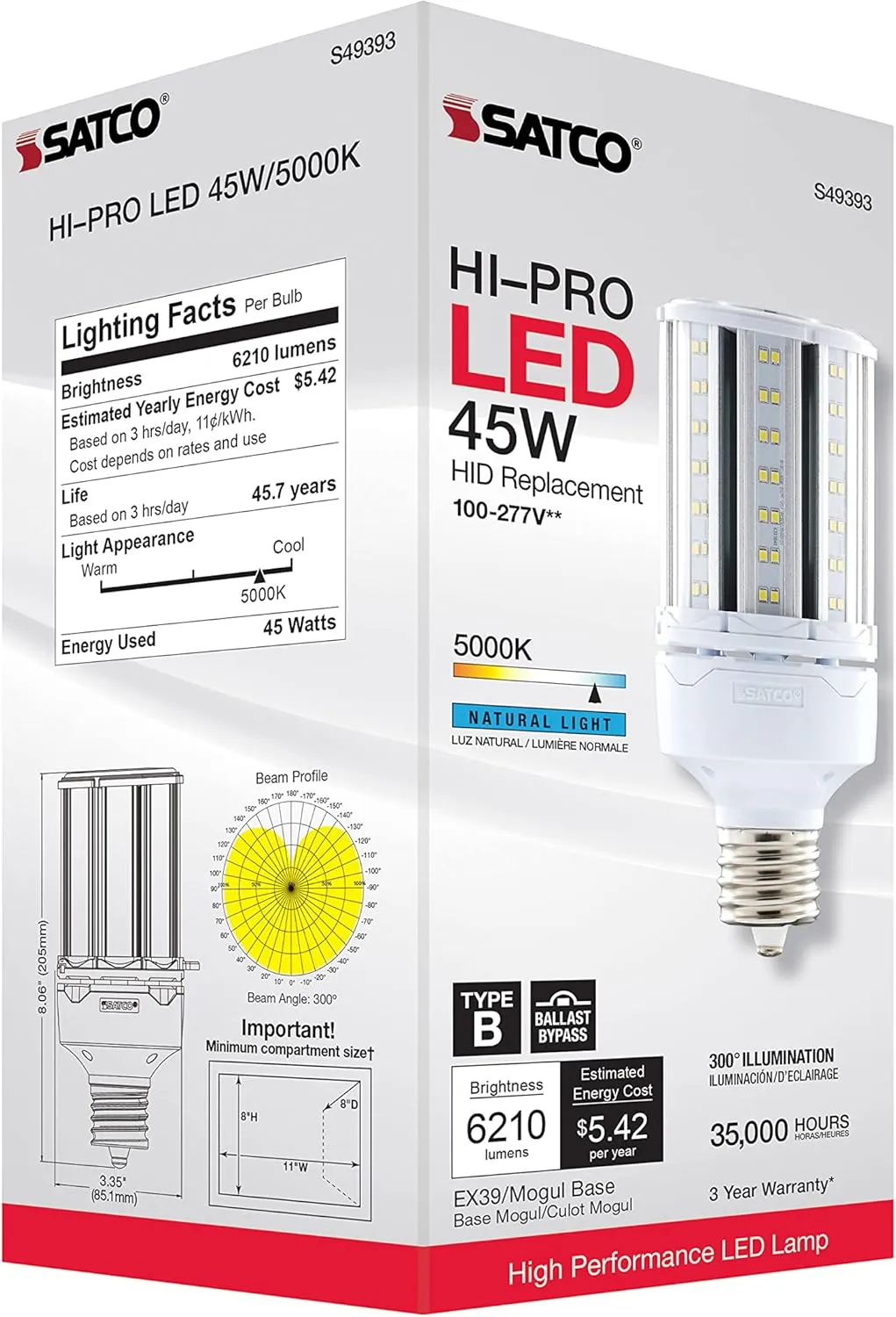 Satco S49393 Corncob LED HID Light Bulb, Mogul Extended Base, 45W, 35000 Hour Rating, 6210L, Natural Light