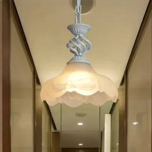 Scalloped Hanging Ceiling Light with Frosted Glass Pendant in Black/White for Corridor Lighting