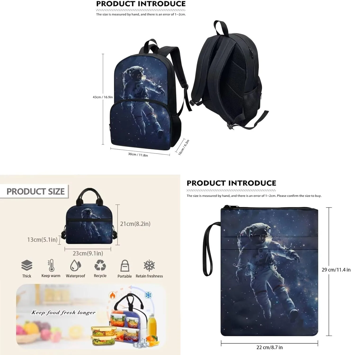School Backpack Set with Lunch Bag for Boys 10-12 Reusable Lunch Bag with Shoulder Strap 3 in 1 Astronaut Print Book Sleeve for Middle School 17-Inch Backpack for College Trendy Gift