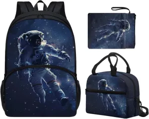 School Backpack Set with Lunch Bag for Boys 10-12 Reusable Lunch Bag with Shoulder Strap 3 in 1 Astronaut Print Book Sleeve for Middle School 17-Inch Backpack for College Trendy Gift