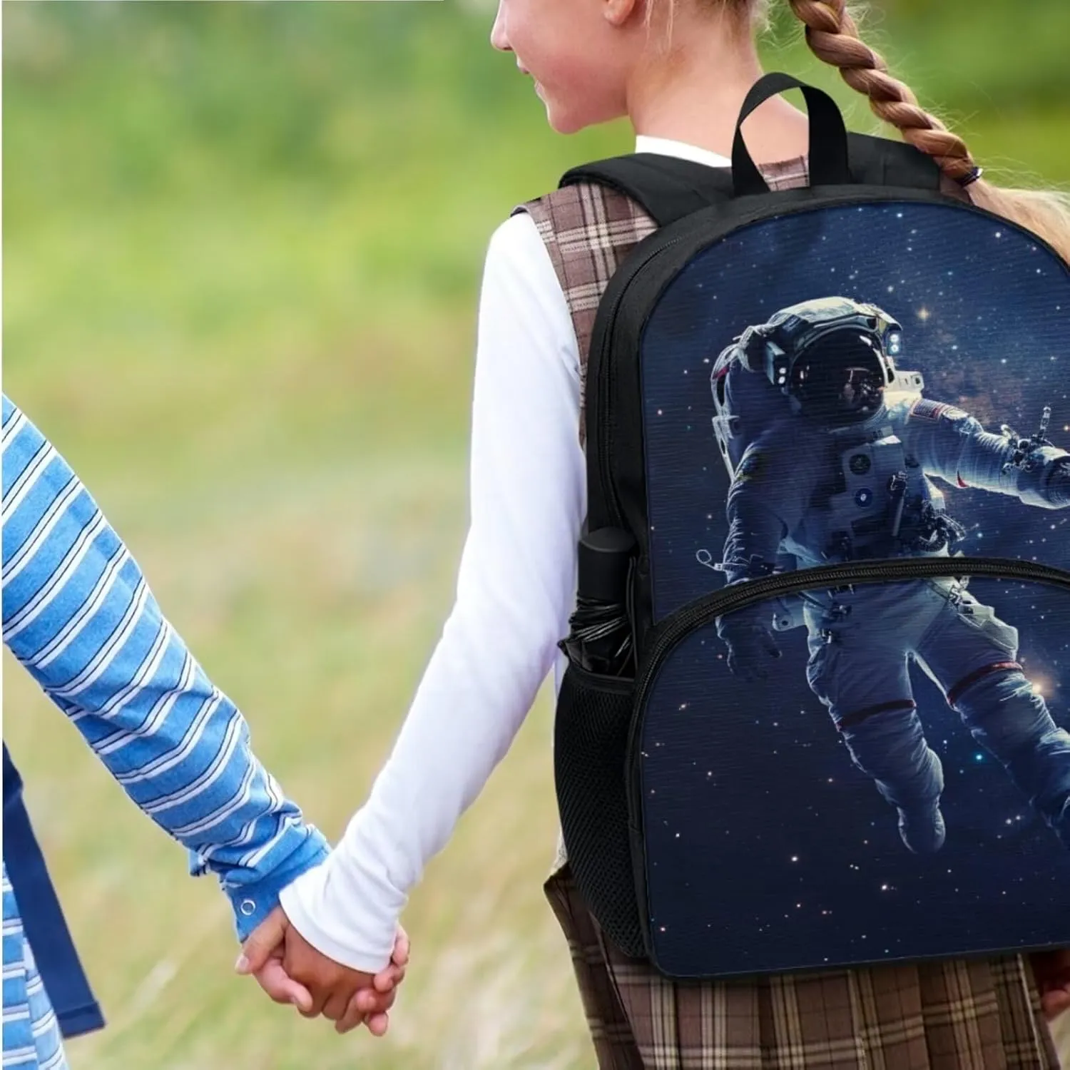 School Backpack Set with Lunch Bag for Boys 10-12 Reusable Lunch Bag with Shoulder Strap 3 in 1 Astronaut Print Book Sleeve for Middle School 17-Inch Backpack for College Trendy Gift