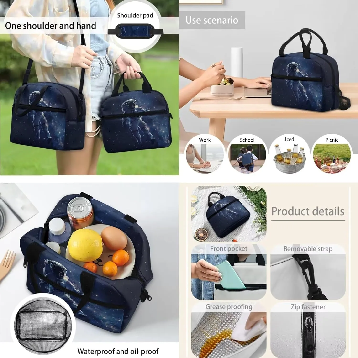 School Backpack Set with Lunch Bag for Boys 10-12 Reusable Lunch Bag with Shoulder Strap 3 in 1 Astronaut Print Book Sleeve for Middle School 17-Inch Backpack for College Trendy Gift