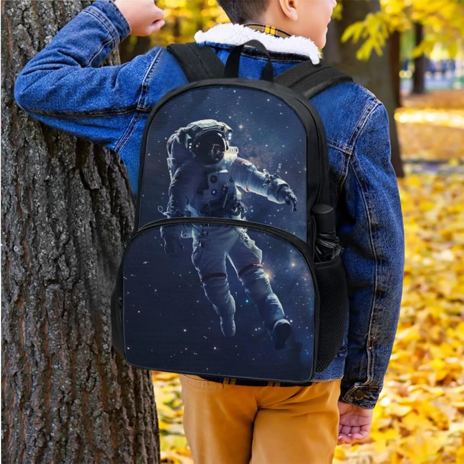 School Backpack Set with Lunch Bag for Boys 10-12 Reusable Lunch Bag with Shoulder Strap 3 in 1 Astronaut Print Book Sleeve for Middle School 17-Inch Backpack for College Trendy Gift