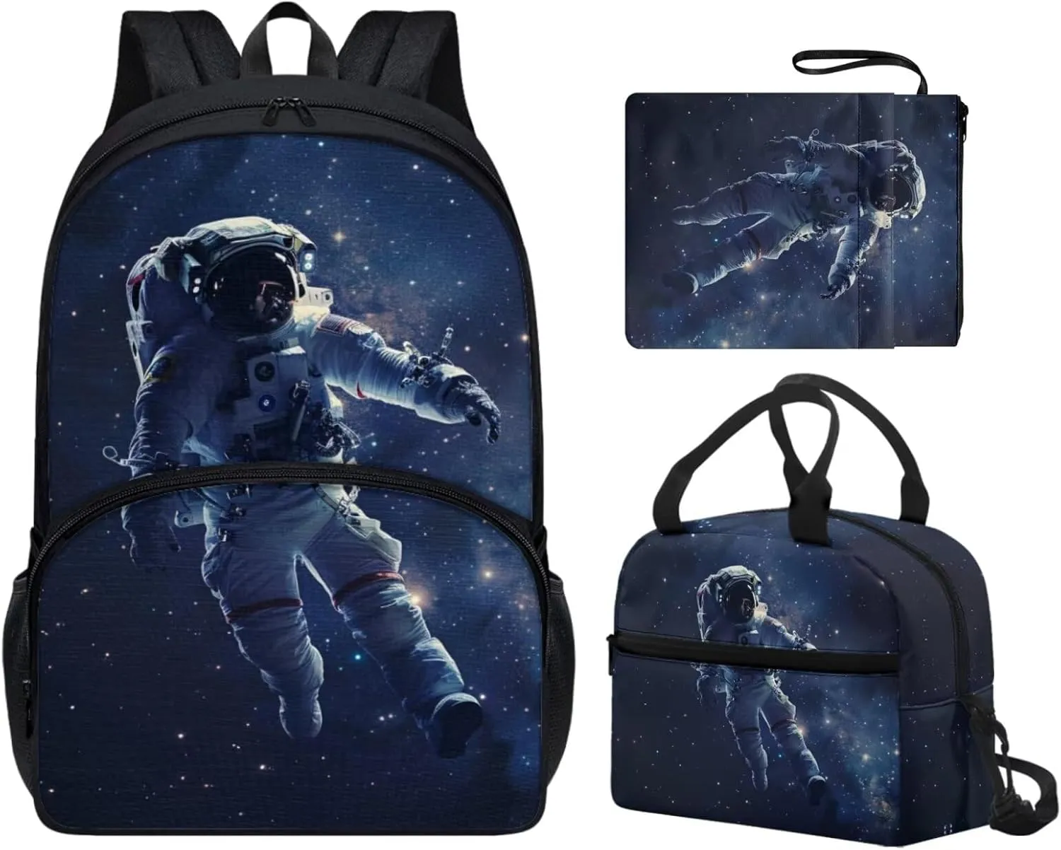School Backpack Set with Lunch Bag for Boys 10-12 Reusable Lunch Bag with Shoulder Strap 3 in 1 Astronaut Print Book Sleeve for Middle School 17-Inch Backpack for College Trendy Gift