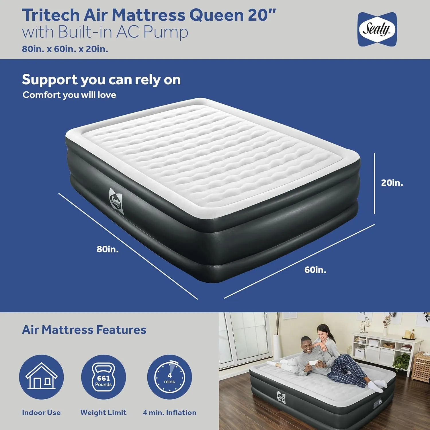 Sealy Tritech 20" Inflatable Air Mattress Bed with Built-in Pump, Storage Bag, and Repair Patch, for Indoor and Outdoor Use, Queen