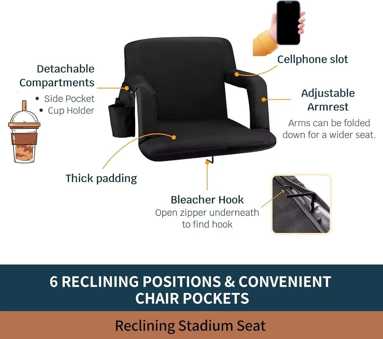 Seamander Stadium Seat for Bleachers or Benches Portable Reclining Stadium Seat Chair with Padded Cushion Chair Back and Armrest Support (Black, 2-Pack)