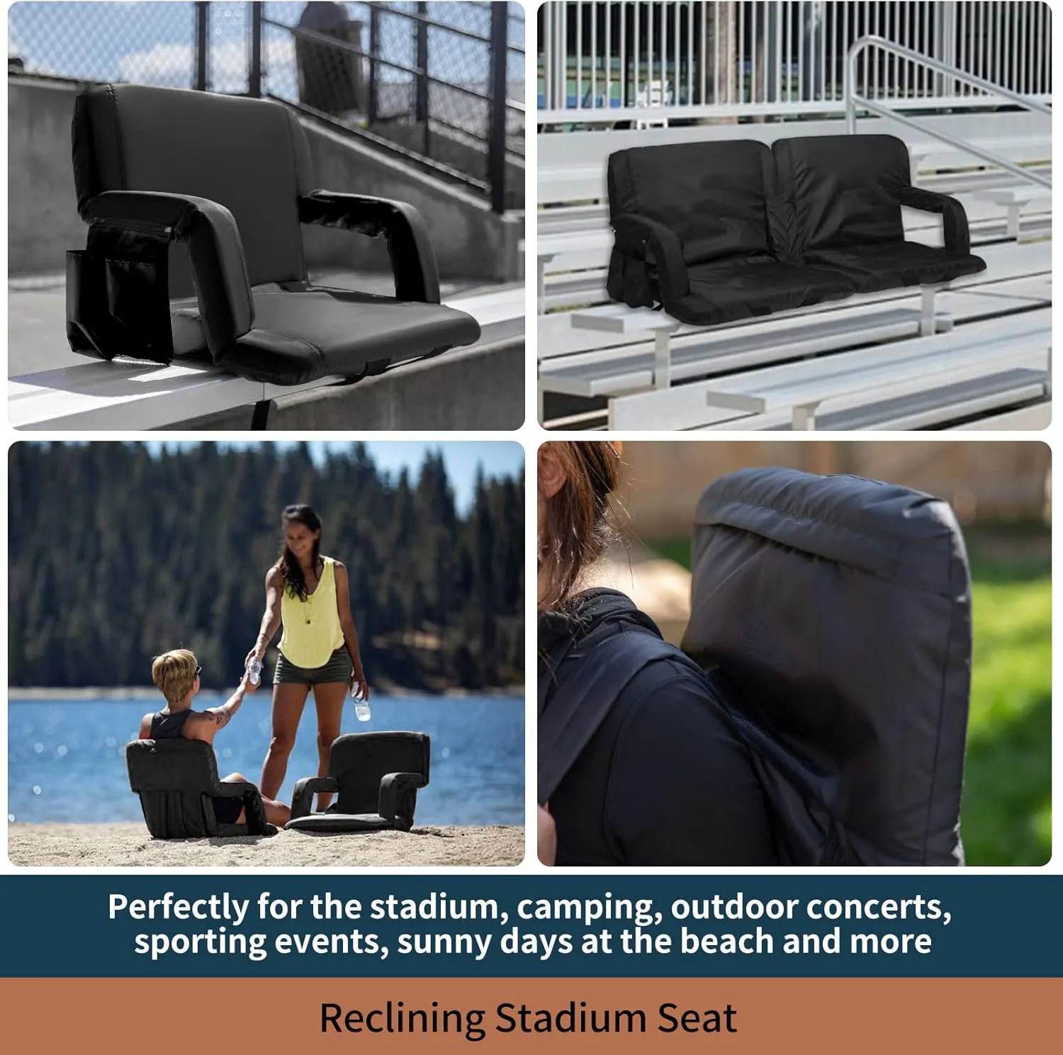 Seamander Stadium Seat for Bleachers or Benches Portable Reclining Stadium Seat Chair with Padded Cushion Chair Back and Armrest Support (Black, 2-Pack)
