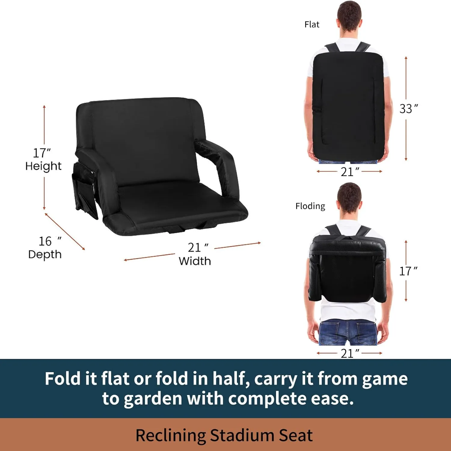 Seamander Stadium Seat for Bleachers or Benches Portable Reclining Stadium Seat Chair with Padded Cushion Chair Back and Armrest Support (Black, 2-Pack)