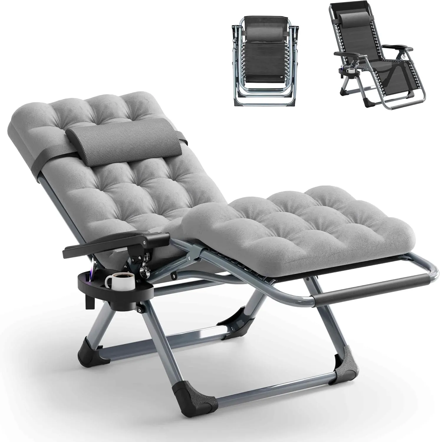 Seeutek Zero Gravity Lounge Chair, Anti Gravity Lounger Removable Extra Thick Cushion, Upgraded Lock and Cup Holder, Folding Reclining Chairs Recliner for Patio, Camping, Indoor, Outdoor - Grey