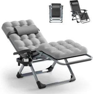 Seeutek Zero Gravity Lounge Chair, Anti Gravity Lounger Removable Extra Thick Cushion, Upgraded Lock and Cup Holder, Folding Reclining Chairs Recliner for Patio, Camping, Indoor, Outdoor - Grey
