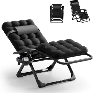 Seeutek Zero Gravity Lounge Chair, Anti Gravity Lounger w/Removable Extra Thick Cushion, Upgraded Lock and Cup Holder, Folding Reclining Chairs Recliner for Patio, Camping, Indoor, Outdoor - Black