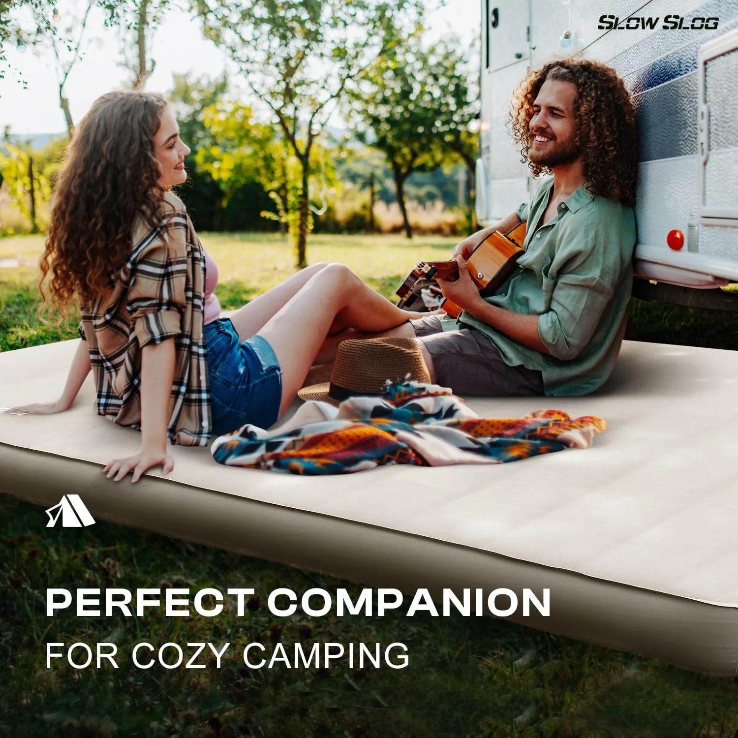 Self-Inflating Camping Mattress Pad 2 Person, 4in Thick Foam Sleeping Pad for Tent Camping, 4-Season Double Sleeping Pad with Pump Sack, Cream
