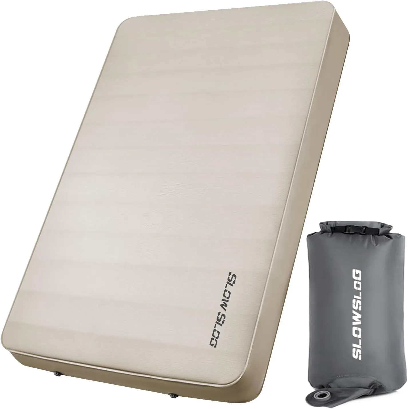 Self-Inflating Camping Mattress Pad 2 Person, 4in Thick Foam Sleeping Pad for Tent Camping, 4-Season Double Sleeping Pad with Pump Sack, Cream