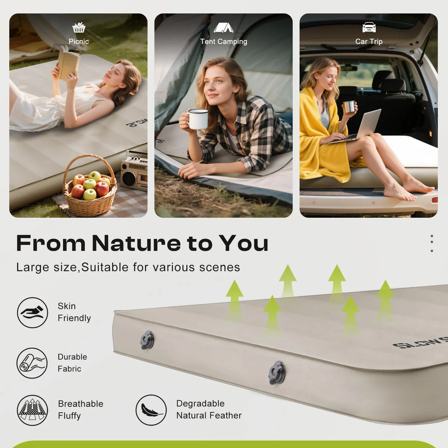 Self-Inflating Camping Mattress Pad 2 Person, 4in Thick Foam Sleeping Pad for Tent Camping, 4-Season Double Sleeping Pad with Pump Sack, Cream