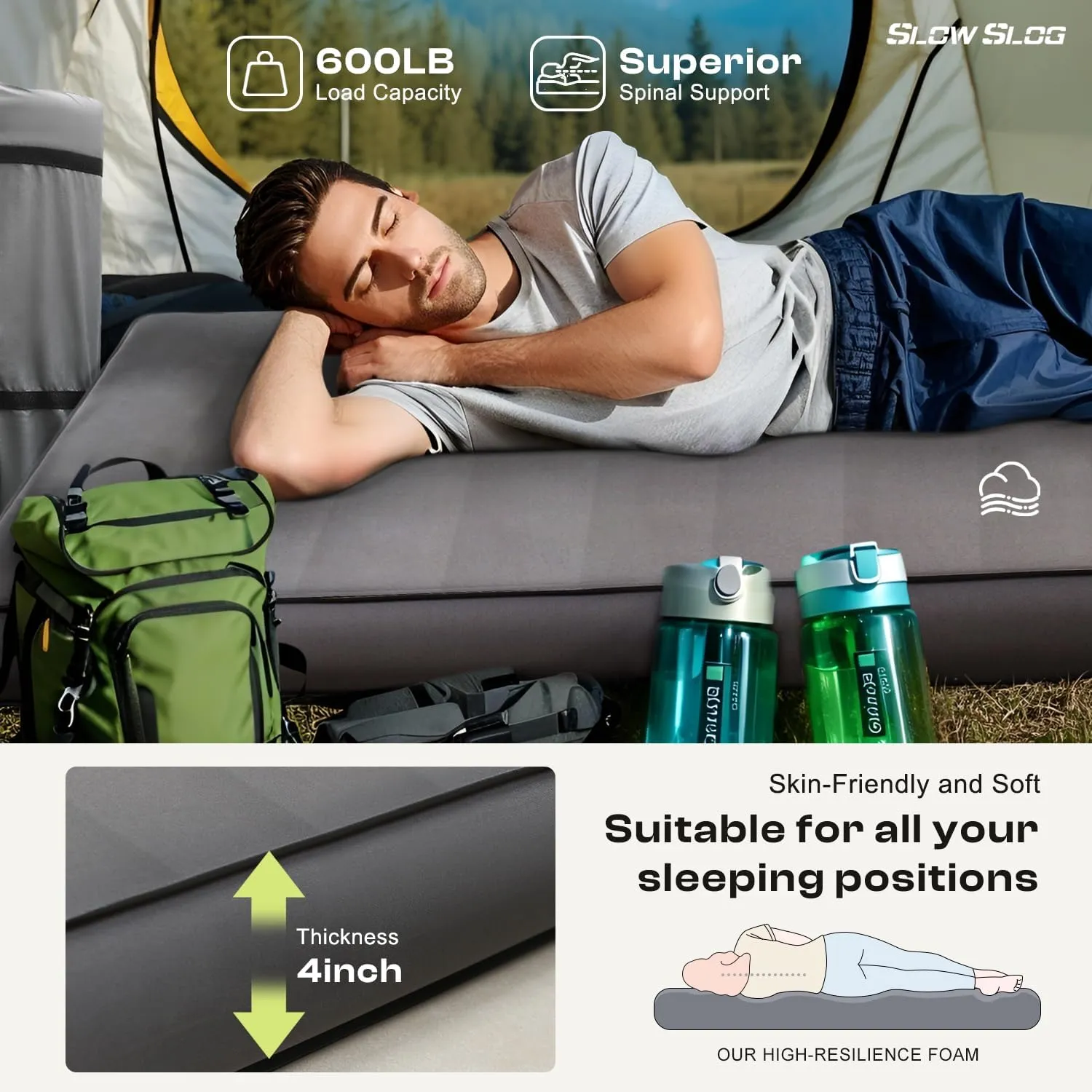 Self-Inflating Camping Mattress Pad 2 Person, 4in Thick Foam Sleeping Pad for Tent Camping, 4-Season Double Sleeping Pad with Pump Sack, Gray