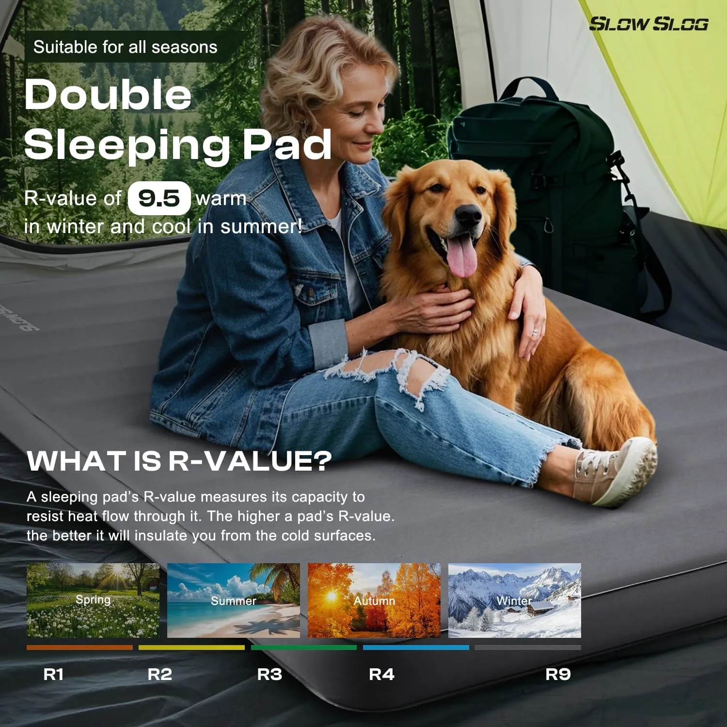 Self-Inflating Camping Mattress Pad 2 Person, 4in Thick Foam Sleeping Pad for Tent Camping, 4-Season Double Sleeping Pad with Pump Sack, Gray