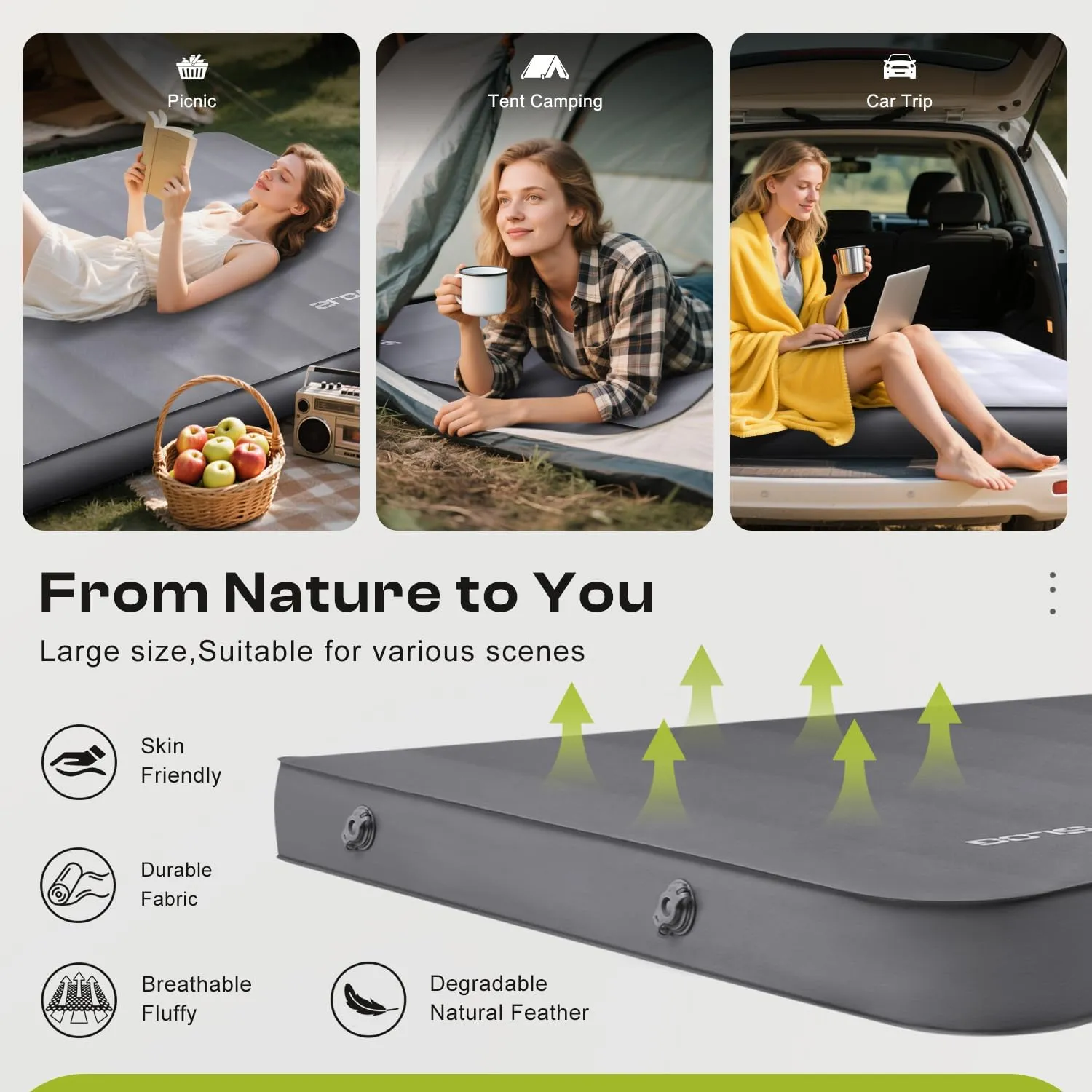 Self-Inflating Camping Mattress Pad 2 Person, 4in Thick Foam Sleeping Pad for Tent Camping, 4-Season Double Sleeping Pad with Pump Sack, Gray