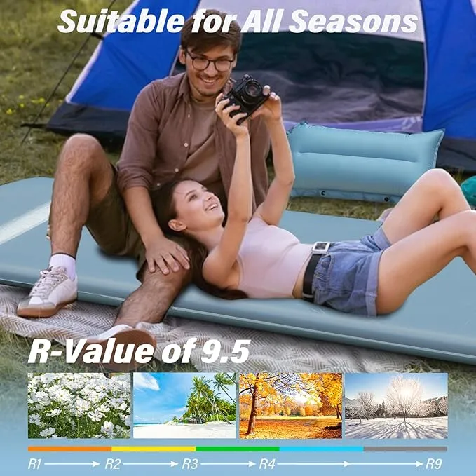 Self Inflating Sleeping Pad for Camping - Thick Camping Pad with Pillow & Inflatable Bag, 9.5 R-Value Insulated Camping Mattress Pad for Car Camping Backpacking Hiking Camping Mat