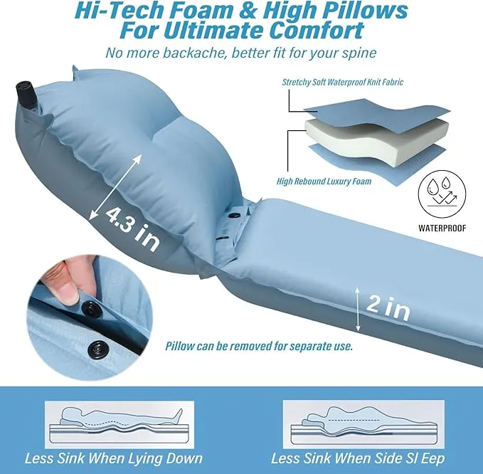 Self Inflating Sleeping Pad for Camping - Thick Camping Pad with Pillow & Inflatable Bag, 9.5 R-Value Insulated Camping Mattress Pad for Car Camping Backpacking Hiking Camping Mat