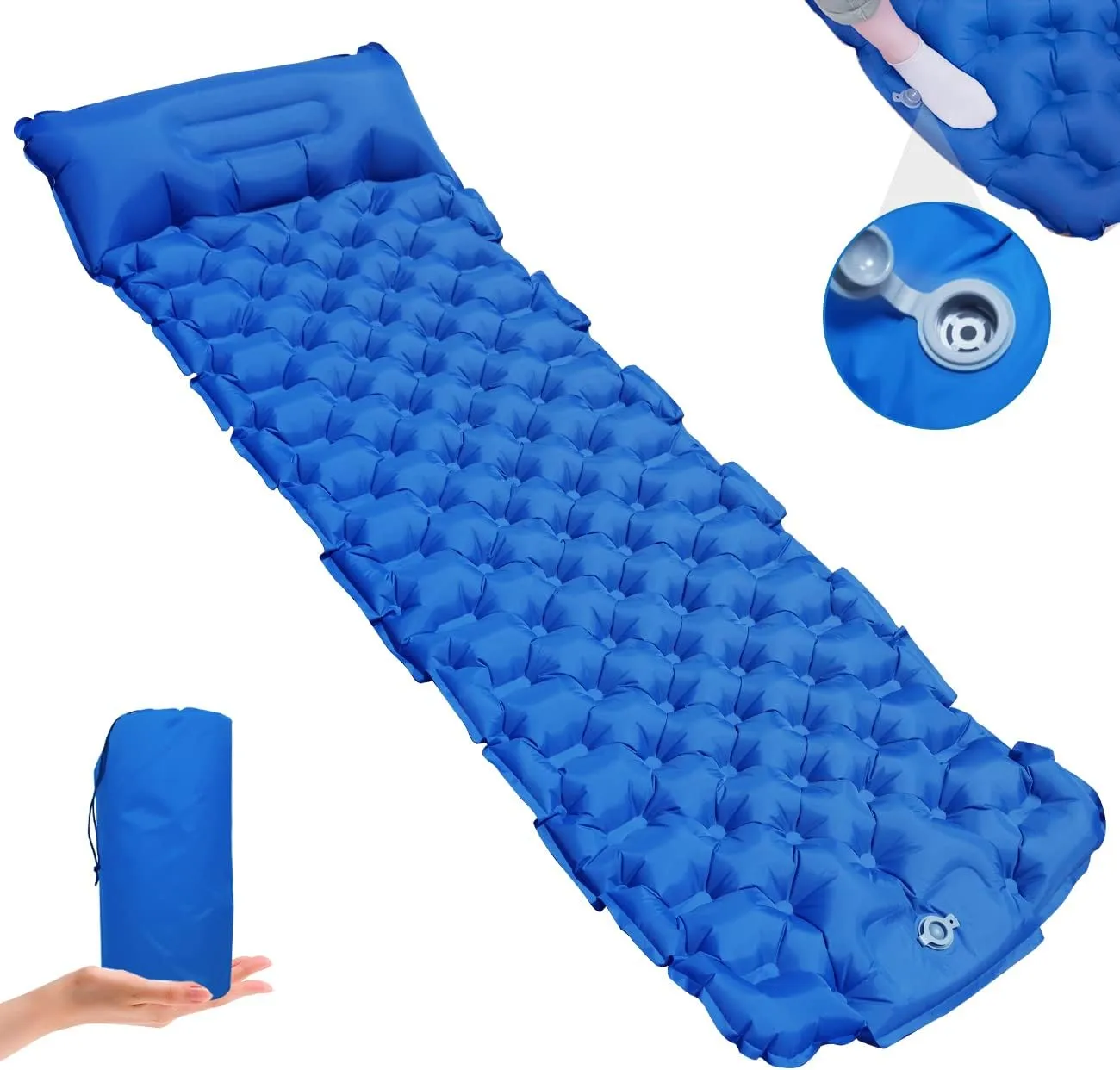 Self-Inflating Sleeping Pad, Ultralight Inflatable Sleeping Pad with Pillow, Built-in Pump Foot Press Waterproof Durable Camping Sleeping Pad for Backpacking, Hiking, Traveling (Dark Blue)