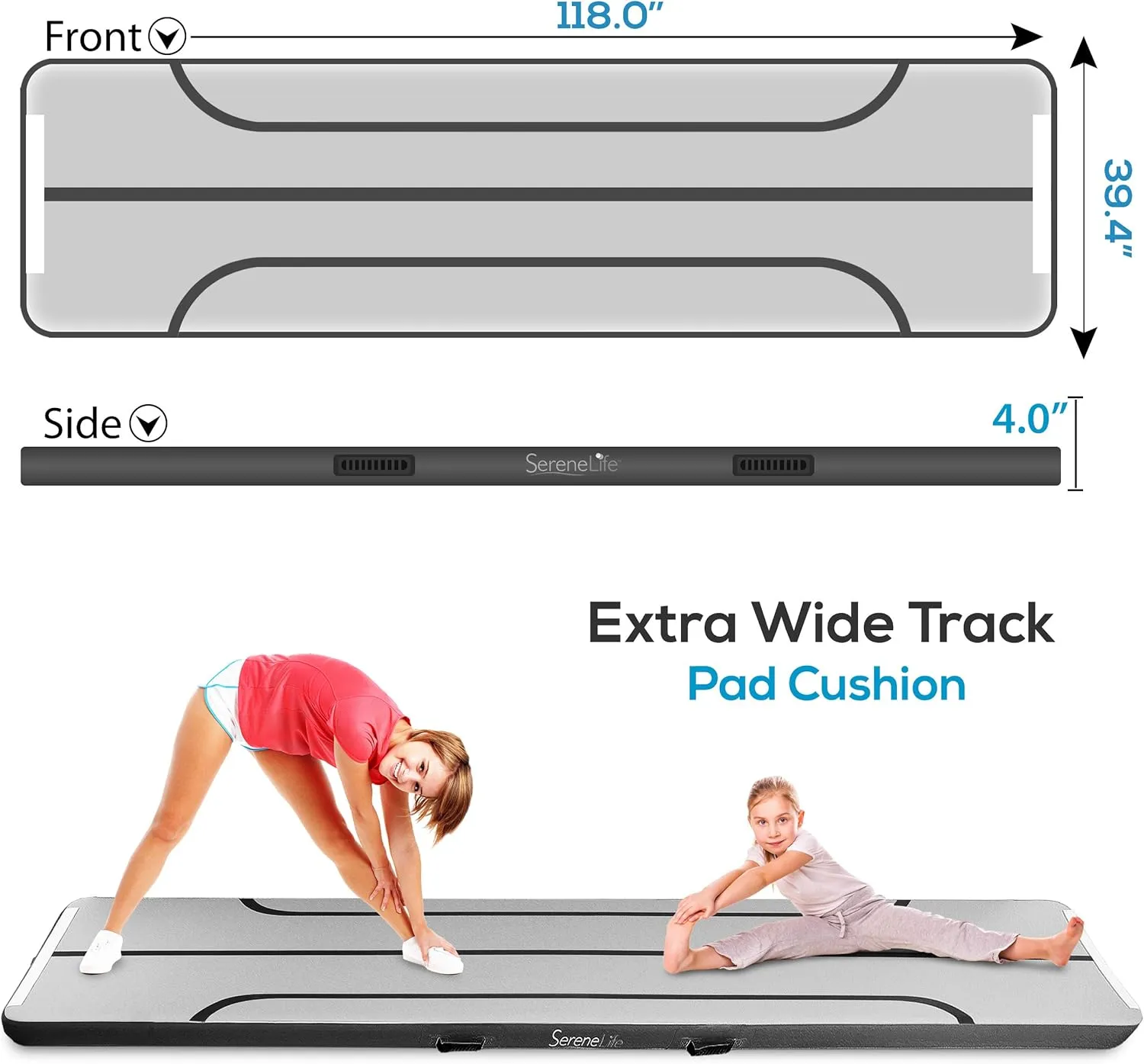 SereneLife Gymnastics Inflatable Air Tumbling Floor Mat Floating Water Mat 10FT, 4in Thickness for Outdoor/Home Indoor Use Tumbling, Training, Cheerleading, Yoga, Water with Electric Air Pump