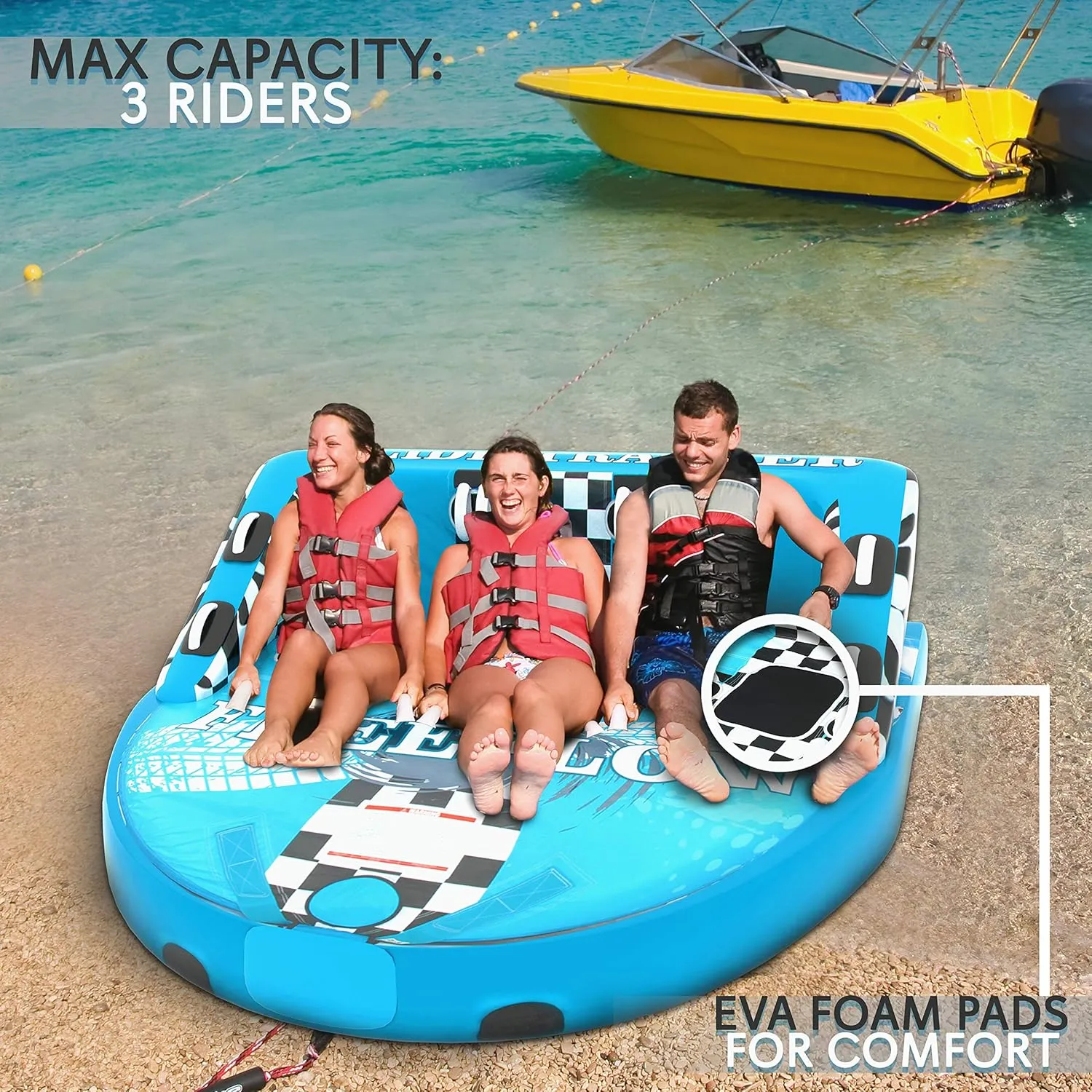 SereneLife Heavy-Duty Inflatable Towable Booster Tube - Water Tube Boating Float Tow Raft, Watersports Inflatable Pull Boats/Tubes/Towables w/Foam Seats, PVC Bladder, Handles