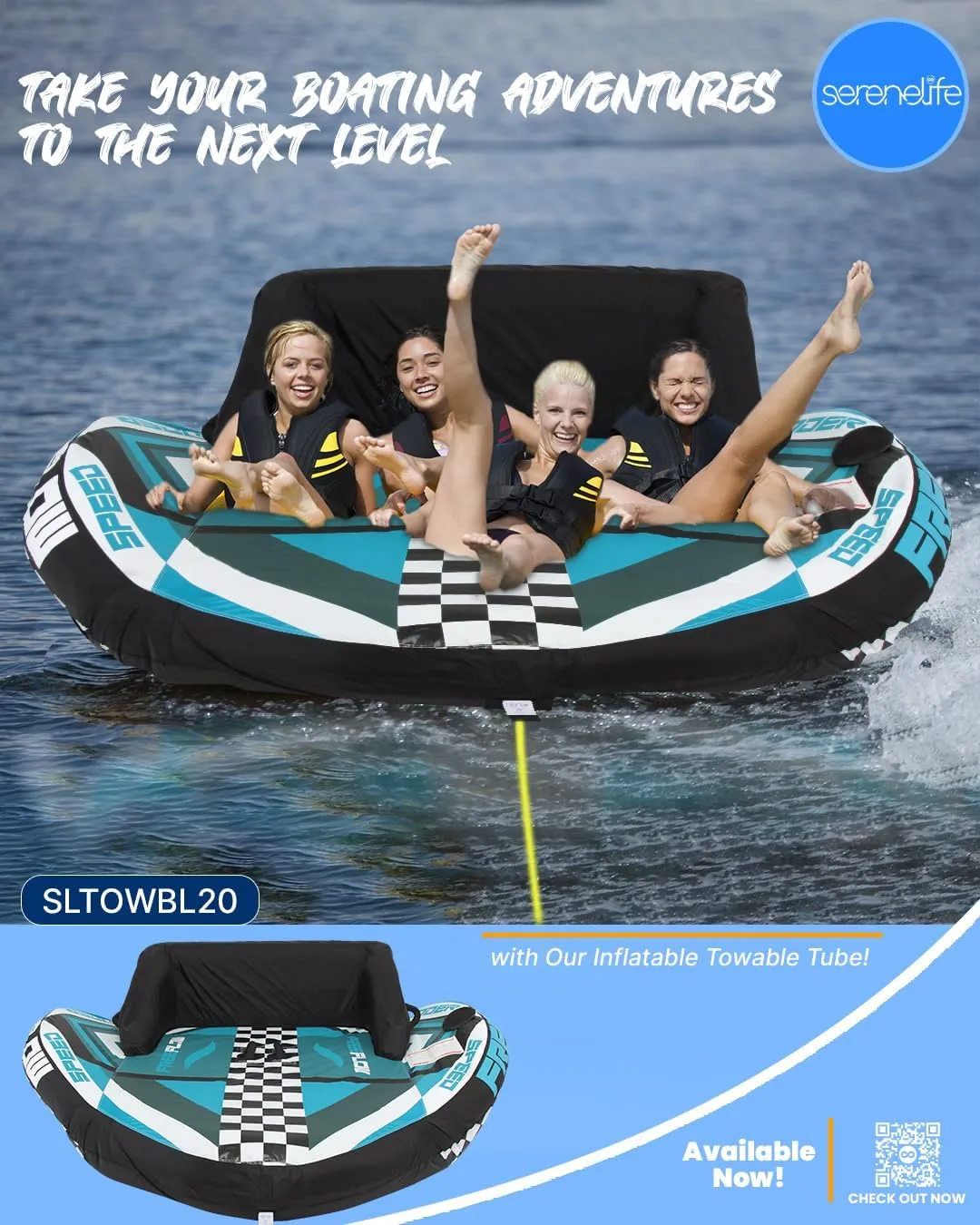 SereneLife Heavy-Duty Inflatable Towable Booster Tube - Water Tube Boating Float Tow Raft, Watersports Inflatable Pull Boats/Tubes/Towables w/Foam Seats, PVC Bladder, Handles