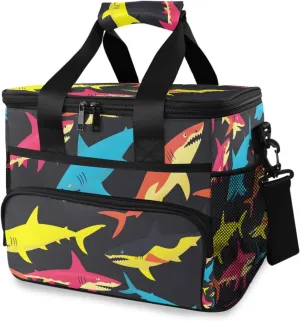 Shark Pattern Black Cooler Bag Insulated Cooler Soft Sided Cooler 24 Can Portable Picnic Bag Large Leakproof Lunch Bag Box for Beach Grocery Camping Travel Car Men Women