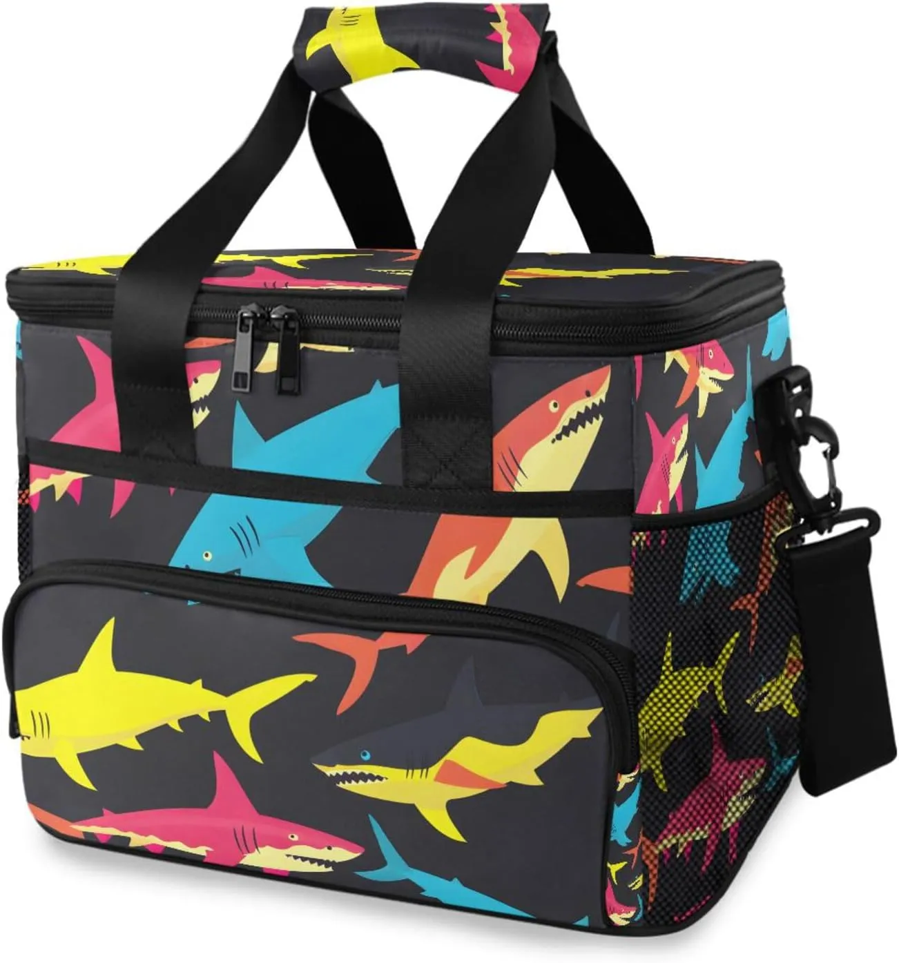 Shark Pattern Black Cooler Bag Insulated Cooler Soft Sided Cooler 24 Can Portable Picnic Bag Large Leakproof Lunch Bag Box for Beach Grocery Camping Travel Car Men Women