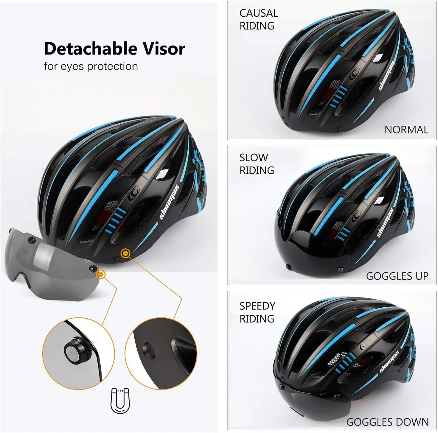 Shinmax Bike Helmet with USB Rechargeable Light & Detachable Magnetic Goggles UV Protective, Bicycle Helmet Men Women Mountain Road Adjustable Adult Cycling Helmet (WT-049)