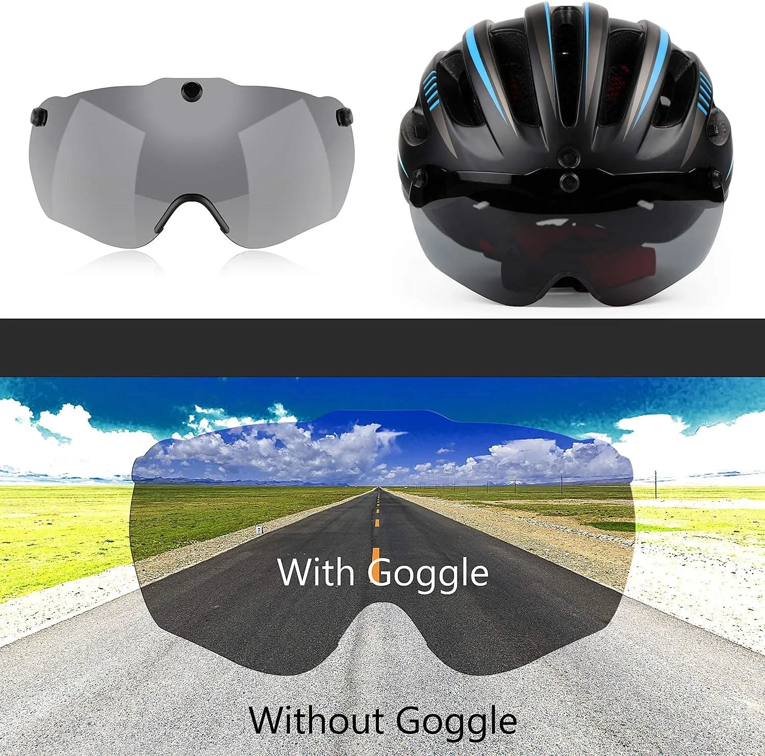 Shinmax Bike Helmet with USB Rechargeable Light & Detachable Magnetic Goggles UV Protective, Bicycle Helmet Men Women Mountain Road Adjustable Adult Cycling Helmet (WT-049)