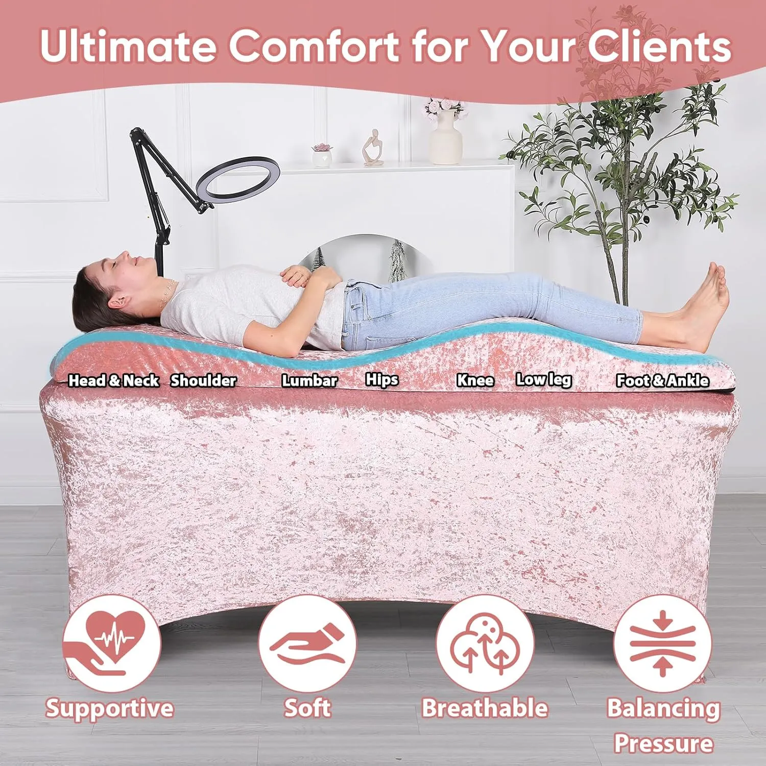 Shiny Curvy Lash Bed Foam Topper and Table Cover Set, High Density Foam Soft Support Neck Leg Back, Contour Design for Body Massage Table Topper
