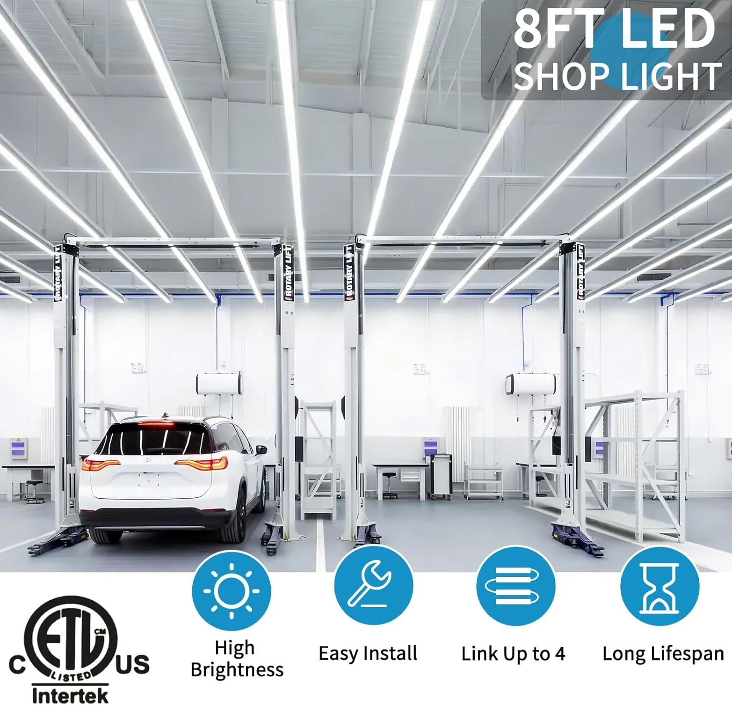 SHOPLED 8FT LED Shop Light, 72W 9360LM 6000K Cool White, T8 LED Tube Lights Fixture, High Output, 8 Foot Shop Lights for Garage, Workshop, Warehouse, Plug and Play, 25 Pack
