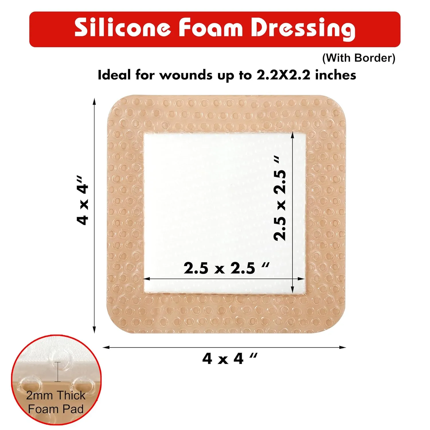Silicone Foam Dressing with Adhesive Border – Wound Dressing Bandage – Silicone Foam Pad – Pack of 10 – 4 x 4 Inches Large Waterproof Bandages – Self Adhesive Wound Care and Dressings