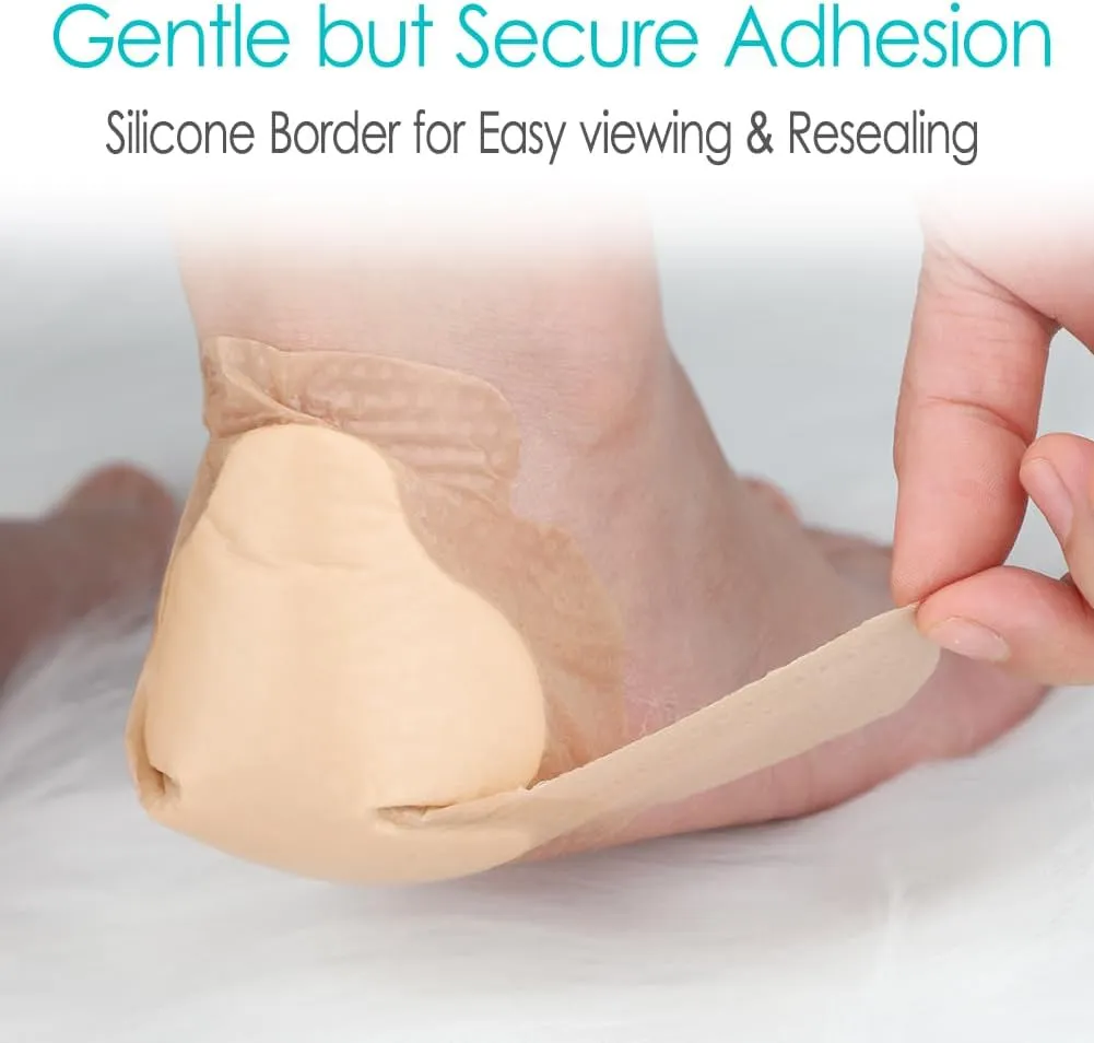 Silicone Heel Bordered Foam Dressing Waterproof Absorbent Wounds Bandages Pressure Sore Adhesive Border Protector for Cracked Heels/Ankle/Elbow Bedsore Ulcer 5"x8" Pack of 6